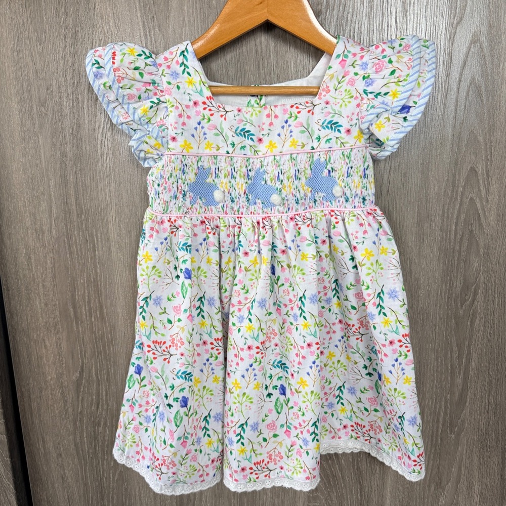 Smocked Honey Dress Girls 2T White Floral Bunny Smocking Corduroy Spring Cottage